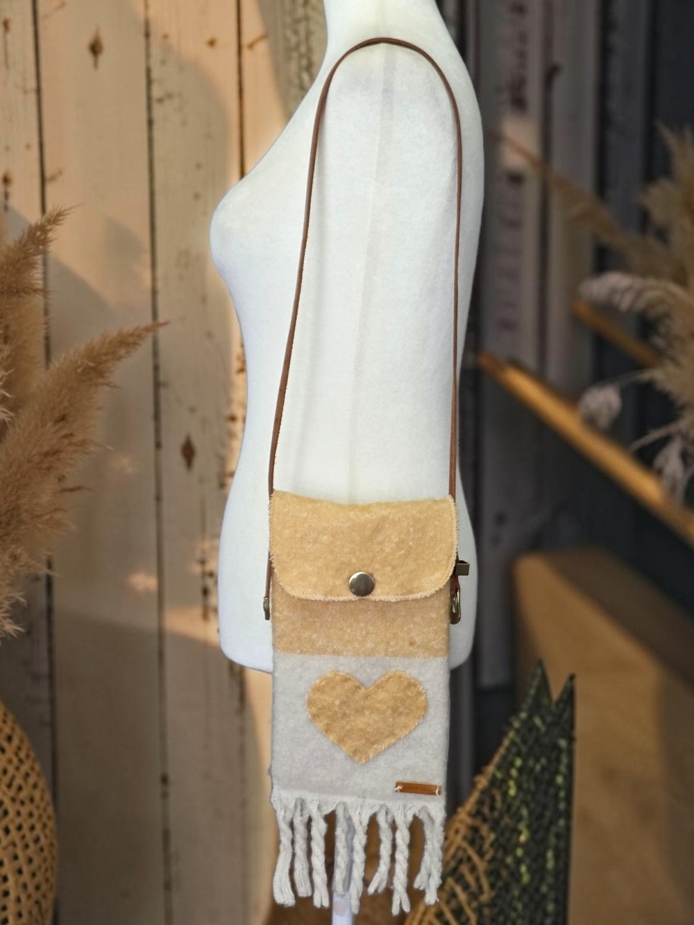 Handmade, Upcycled Beige Heart Fringe Crossbody Bag - Women's Shoulder Purse